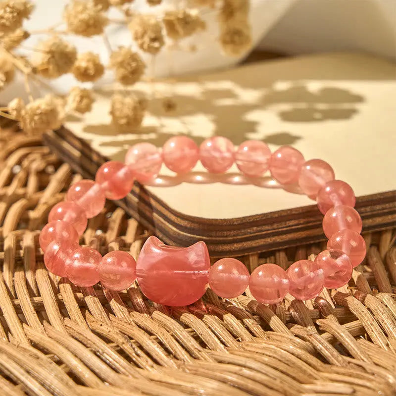 Fortune Jewel Lovely Cat Head Red Agate Spiritual Beads Bracelet Fortune Jewel