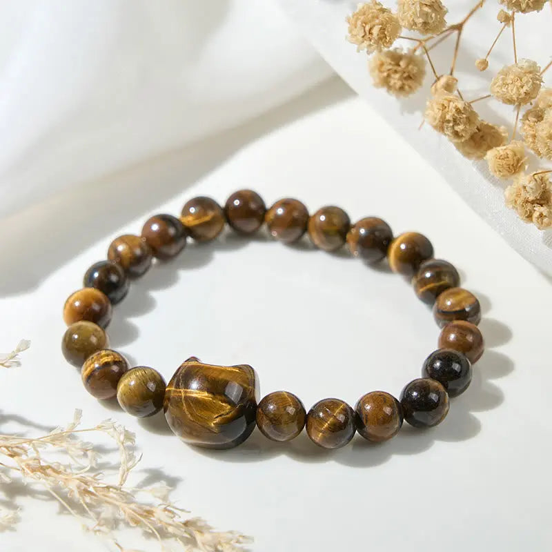 Fortune Jewel Cute Cat Tiger Eye Power Beads Bracelet Fortune Jewel