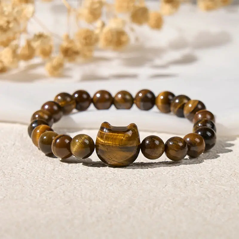 Fortune Jewel Cute Cat Tiger Eye Power Beads Bracelet Fortune Jewel