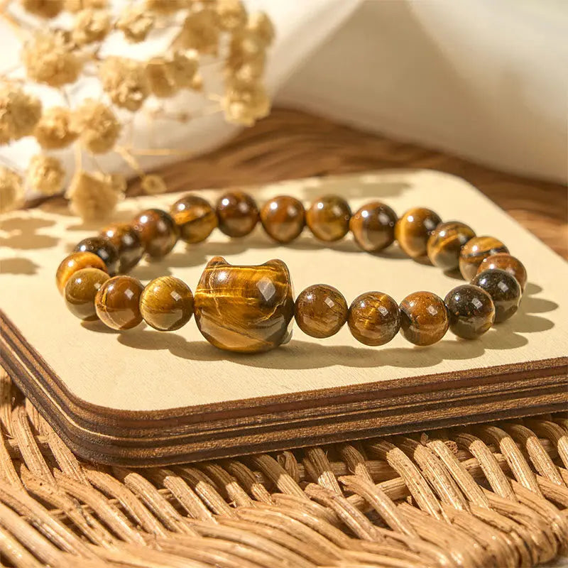 Fortune Jewel Cute Cat Tiger Eye Power Beads Bracelet Fortune Jewel