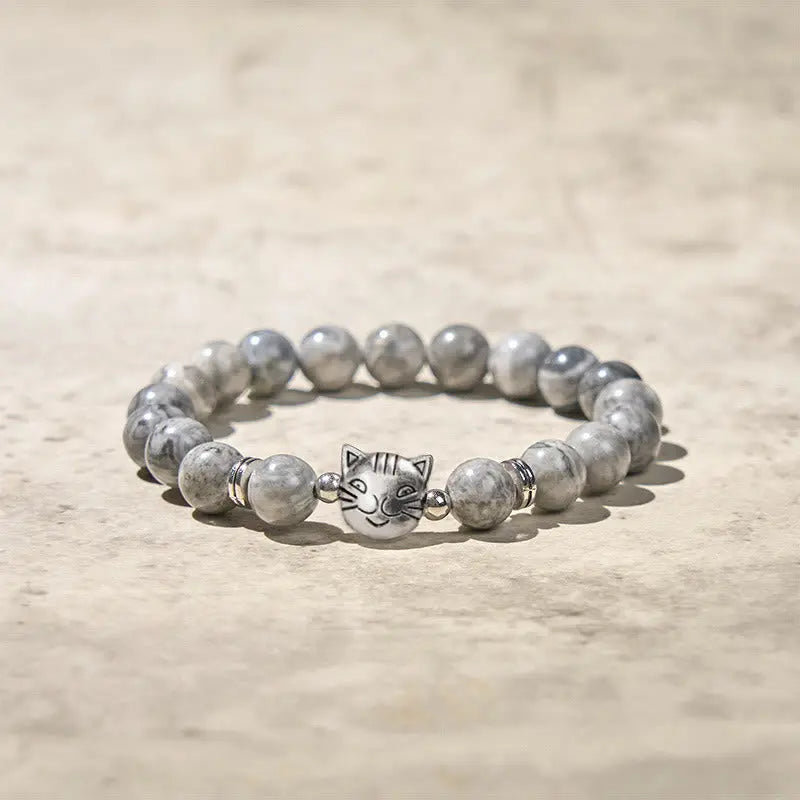 Fortune Jewel Cute Cat Natural Grey Jasper Bead Healing Bracelet Fortune Jewel