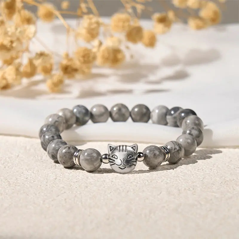 Fortune Jewel Cute Cat Natural Grey Jasper Bead Healing Bracelet Fortune Jewel