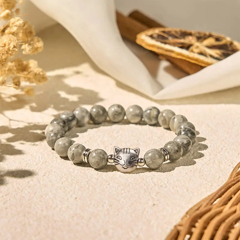 Fortune Jewel Cute Cat Natural Grey Jasper Bead Healing Bracelet Fortune Jewel