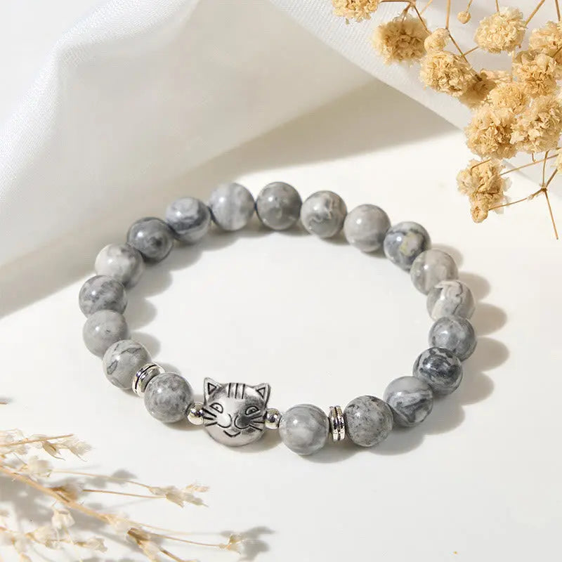 Fortune Jewel Cute Cat Natural Grey Jasper Bead Healing Bracelet Fortune Jewel