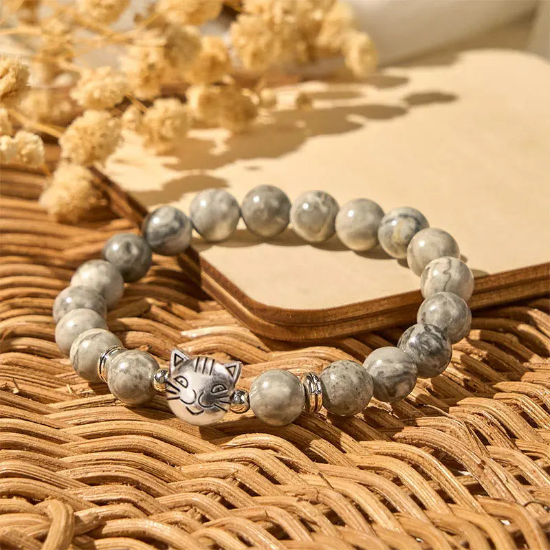 Fortune Jewel Cute Cat Natural Grey Jasper Bead Healing Bracelet Fortune Jewel