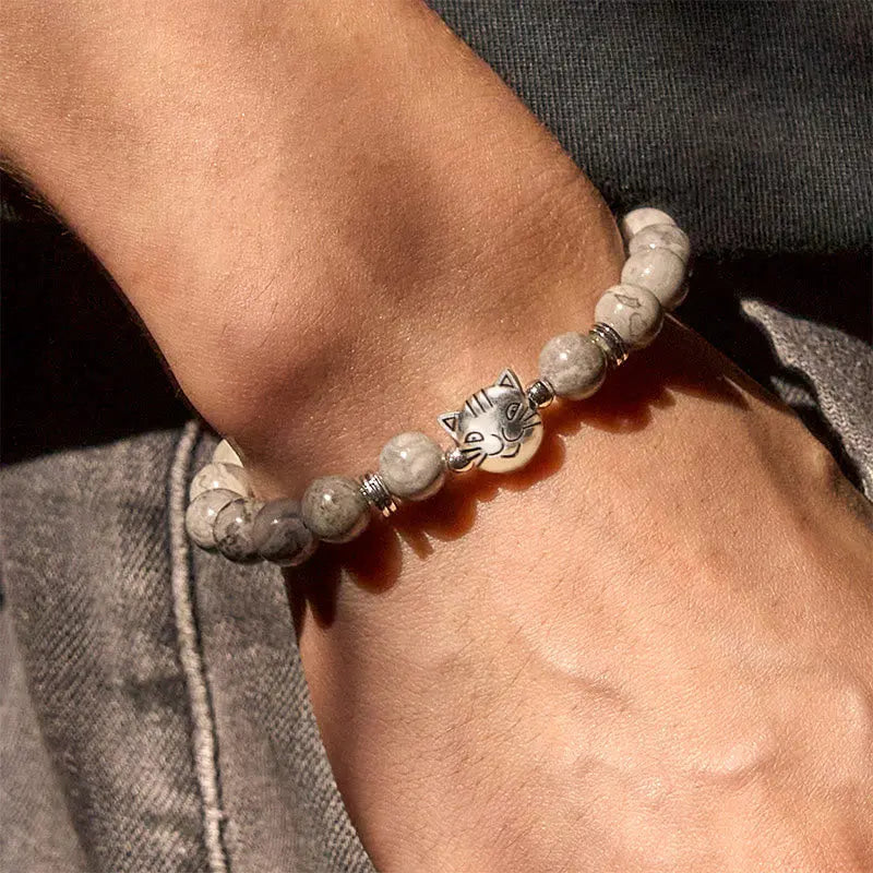 Fortune Jewel Cute Cat Natural Grey Jasper Bead Healing Bracelet Fortune Jewel