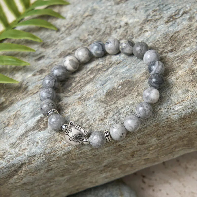 Fortune Jewel Cute Cat Natural Grey Jasper Bead Healing Bracelet Fortune Jewel