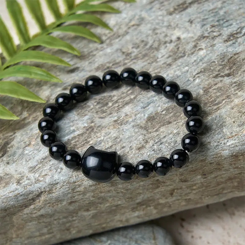 Fortune Jewel Black Cat Natural Black Onyx Protection Bracelet Fortune Jewel