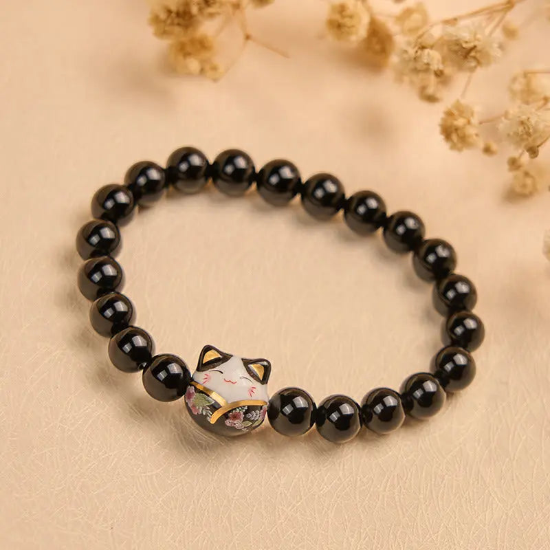 Fortune Jewel Black Cat Natural Black Onyx Ceramic Kitten Fortune Bracelet Fortune Jewel