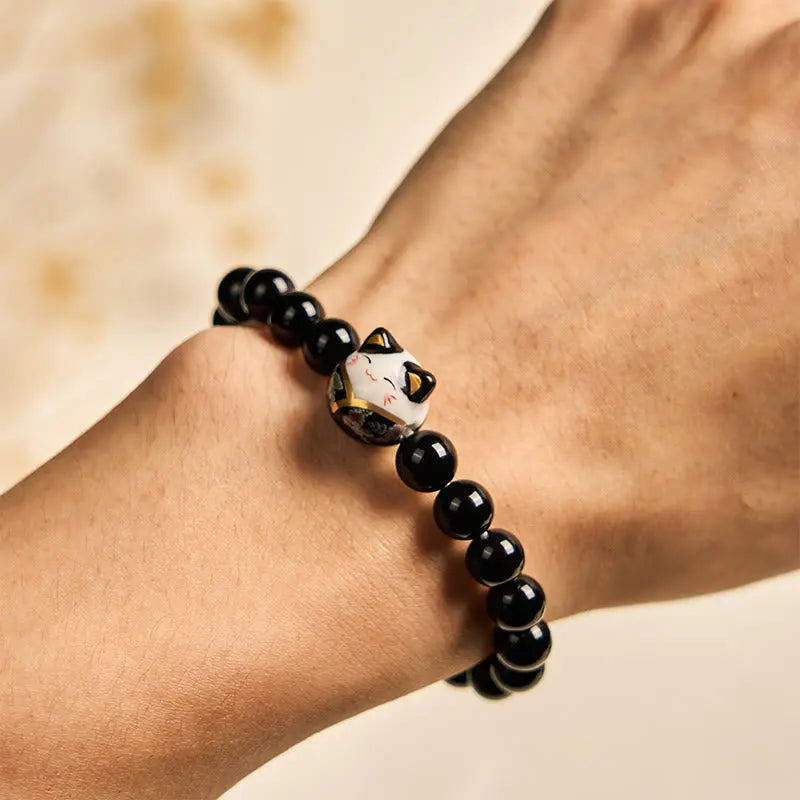 Fortune Jewel Black Cat Natural Black Onyx Ceramic Kitten Fortune Bracelet Fortune Jewel