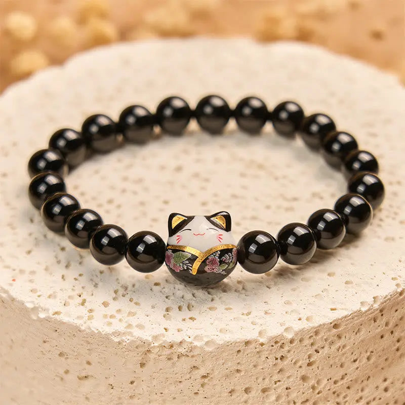 Fortune Jewel Black Cat Natural Black Onyx Ceramic Kitten Fortune Bracelet Fortune Jewel