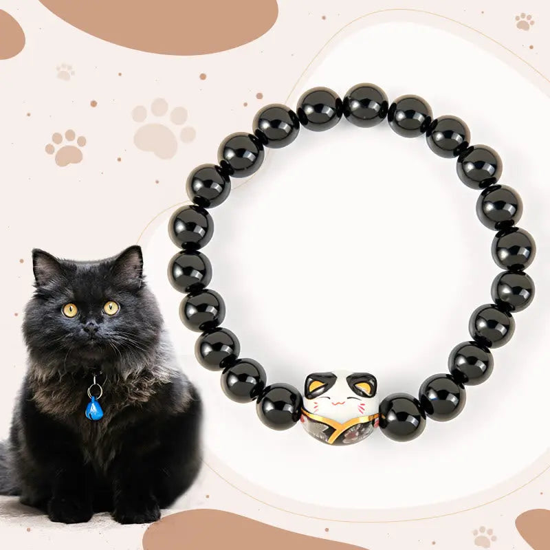 Fortune Jewel Black Cat Natural Black Onyx Ceramic Kitten Fortune Bracelet Fortune Jewel