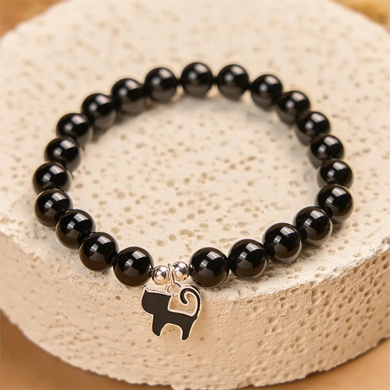 Fortune Jewel 925 Sterling Silver Kitten Charm Black Cat Natural Black Onyx Protection Bracelet Fortune Jewel