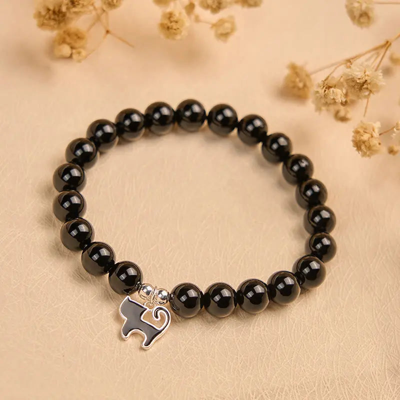 Fortune Jewel 925 Sterling Silver Kitten Charm Black Cat Natural Black Onyx Protection Bracelet Fortune Jewel