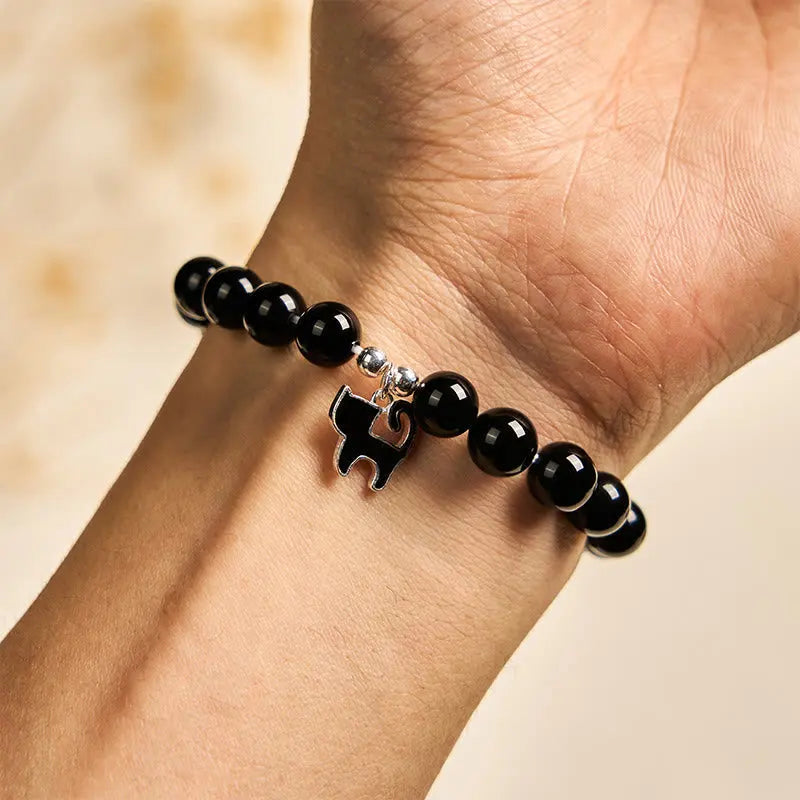 Fortune Jewel 925 Sterling Silver Kitten Charm Black Cat Natural Black Onyx Protection Bracelet Fortune Jewel