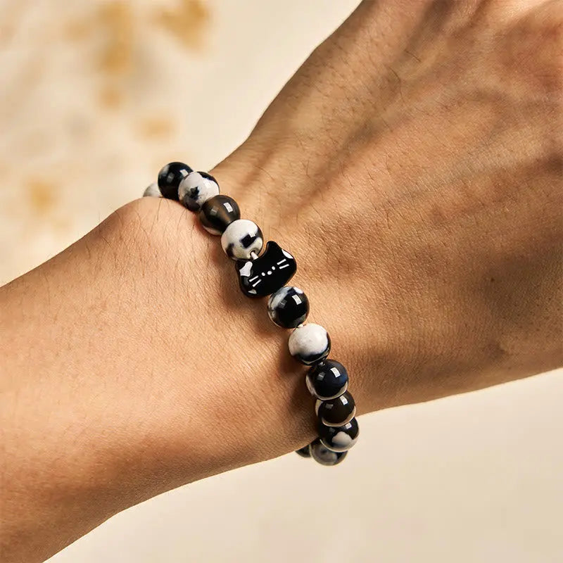 Fortune Jewel Black and White Cat Fire Agate Confidence Bracelet Fortune Jewel