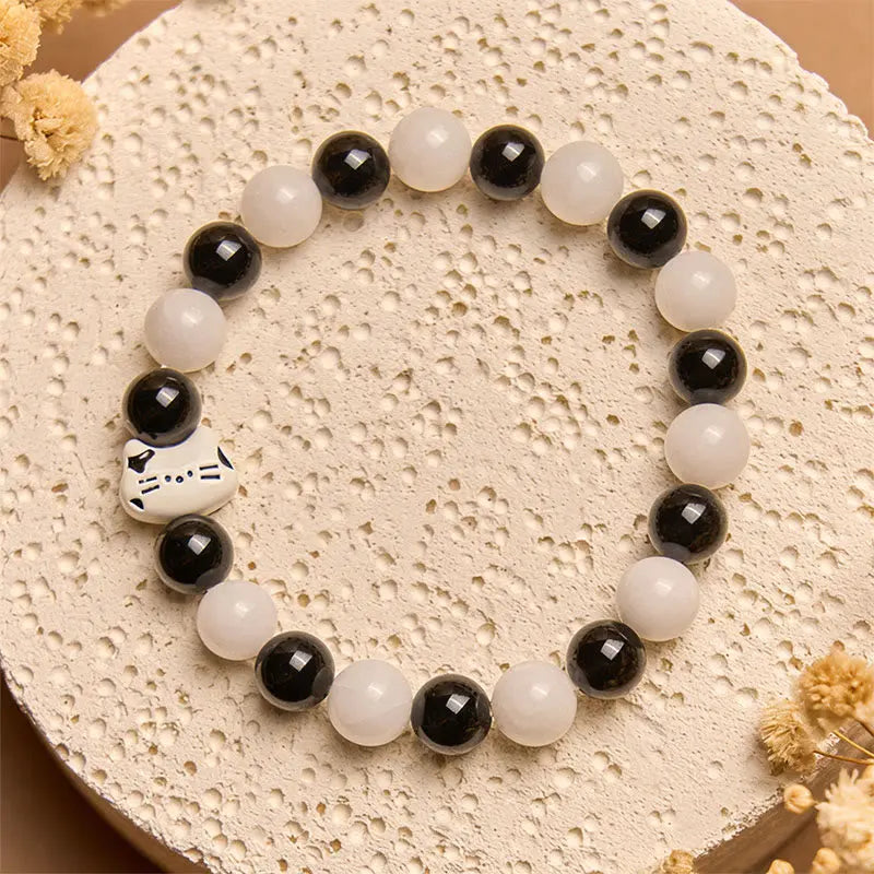 Fortune Jewel Bicolor Cat Black Onyx White Chalcedony Fortune Bracelet Fortune Jewel