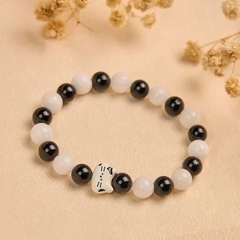 Fortune Jewel Bicolor Cat Black Onyx White Chalcedony Fortune Bracelet Fortune Jewel