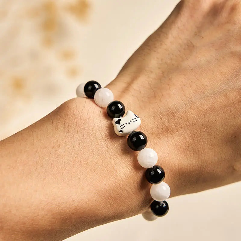 Fortune Jewel Bicolor Cat Black Onyx White Chalcedony Fortune Bracelet Fortune Jewel