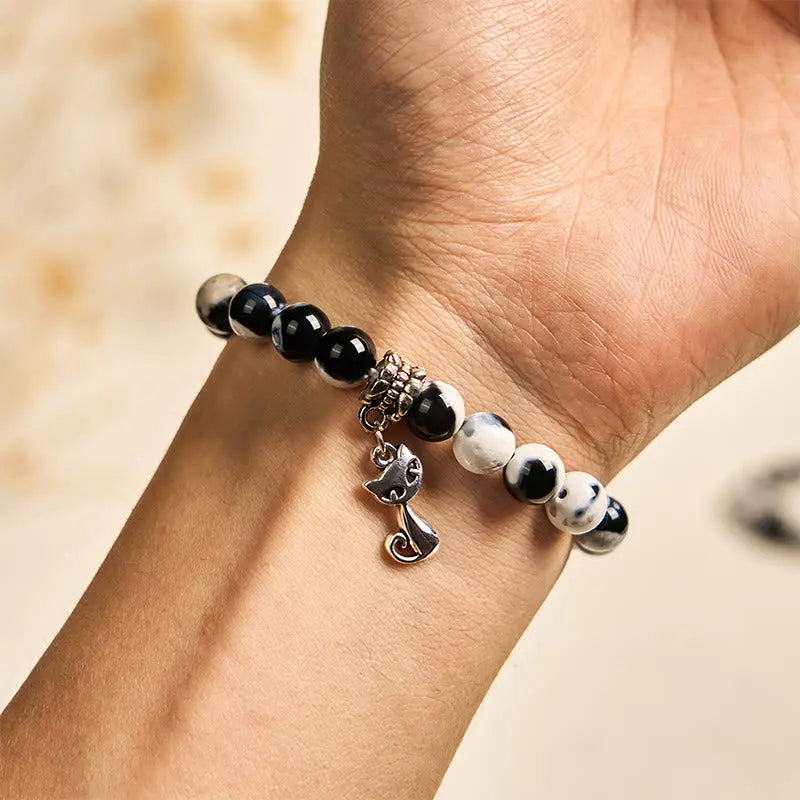 Buddha Stones Black and White Cat Fire Agate Bead Love Bracelet Fortune Jewel
