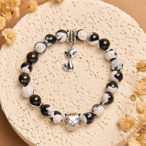 Buddha Stones Black and White Cat Fire Agate Bead Love Bracelet Fortune Jewel