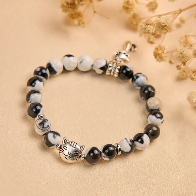 Buddha Stones Black and White Cat Fire Agate Bead Love Bracelet Fortune Jewel