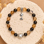 Fortune Jewel Tortoiseshell Cat Light Brown Striped Agate Black Onyx Protection Bracelet Fortune Jewel