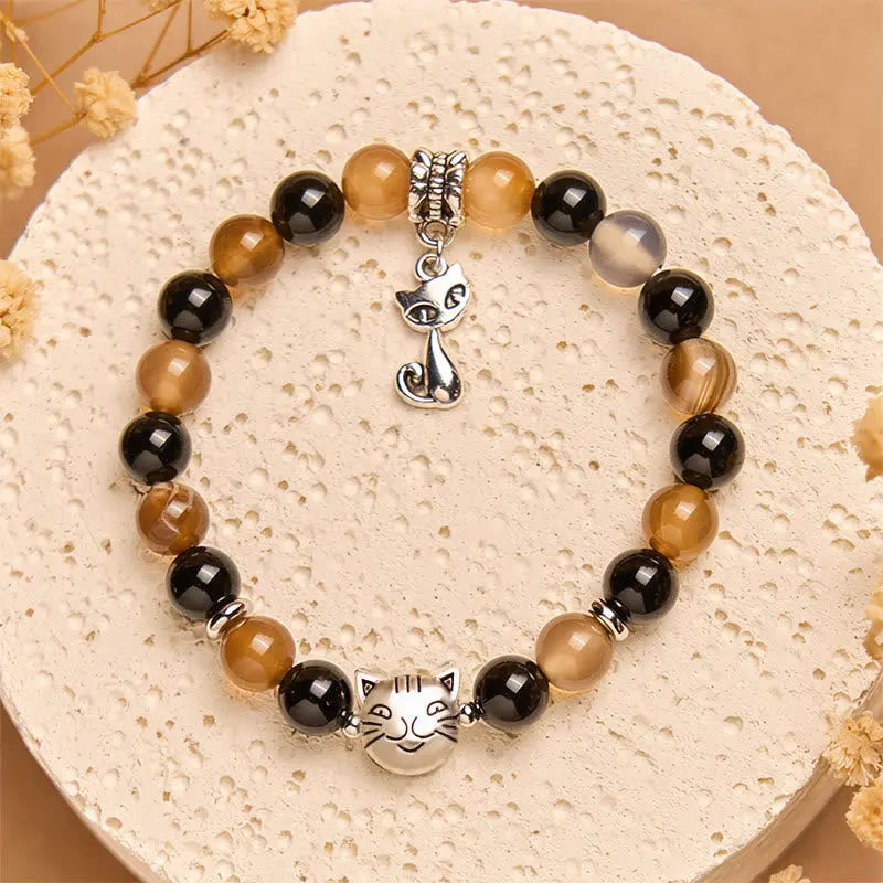 Fortune Jewel Tortoiseshell Cat Light Brown Striped Agate Black Onyx Protection Bracelet Fortune Jewel