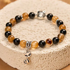 Fortune Jewel Tortoiseshell Cat Light Brown Striped Agate Black Onyx Protection Bracelet Fortune Jewel