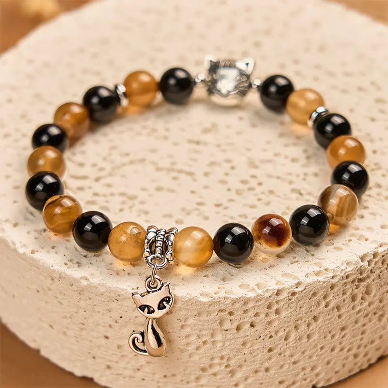 Fortune Jewel Tortoiseshell Cat Light Brown Striped Agate Black Onyx Protection Bracelet Fortune Jewel