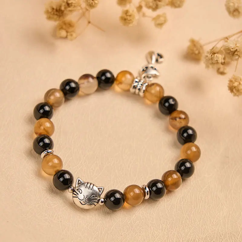 Fortune Jewel Tortoiseshell Cat Light Brown Striped Agate Black Onyx Protection Bracelet Fortune Jewel