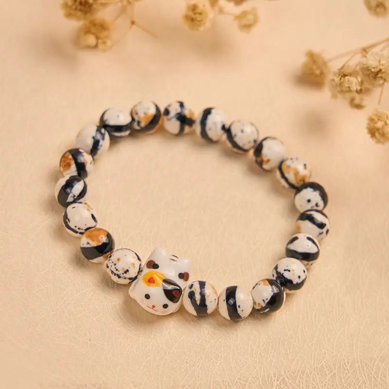 Fortune Jewel Calico Cat Natural Stone Ceramic Kitten Head Strength Bracelet Fortune Jewel