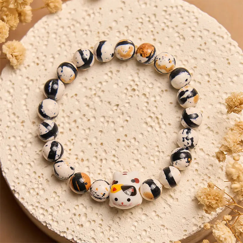 Fortune Jewel Calico Cat Natural Stone Ceramic Kitten Head Strength Bracelet Fortune Jewel