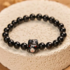 Fortune Jewel Black Cat Natural Black Onyx Ceramic Kitten Support Bracelet Fortune Jewel