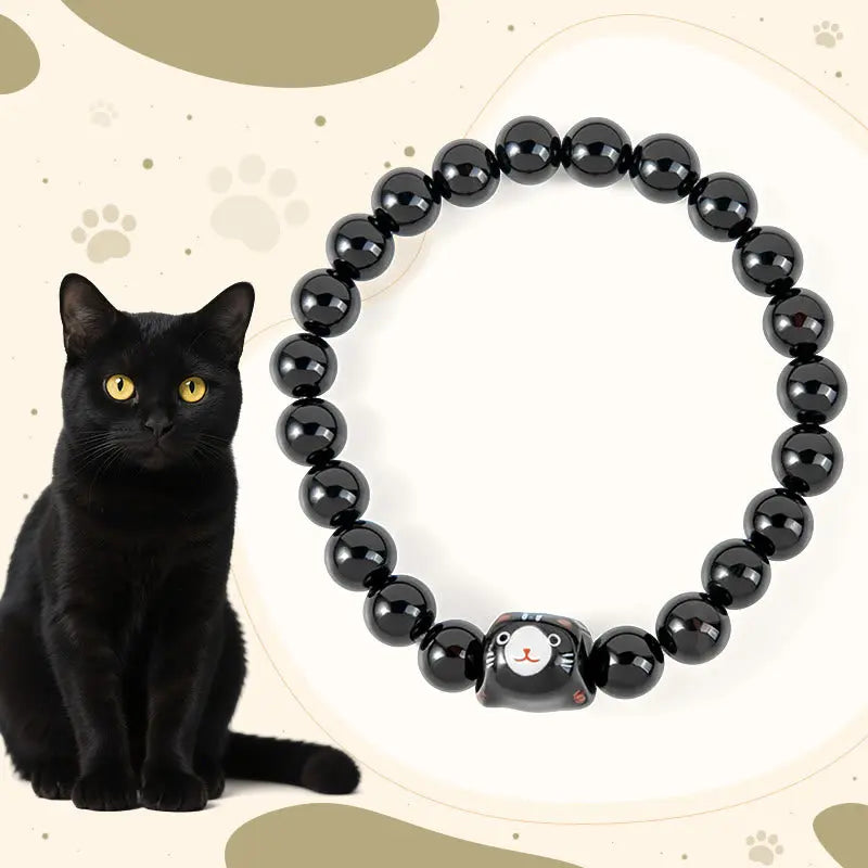 Fortune Jewel Black Cat Natural Black Onyx Ceramic Kitten Support Bracelet Fortune Jewel