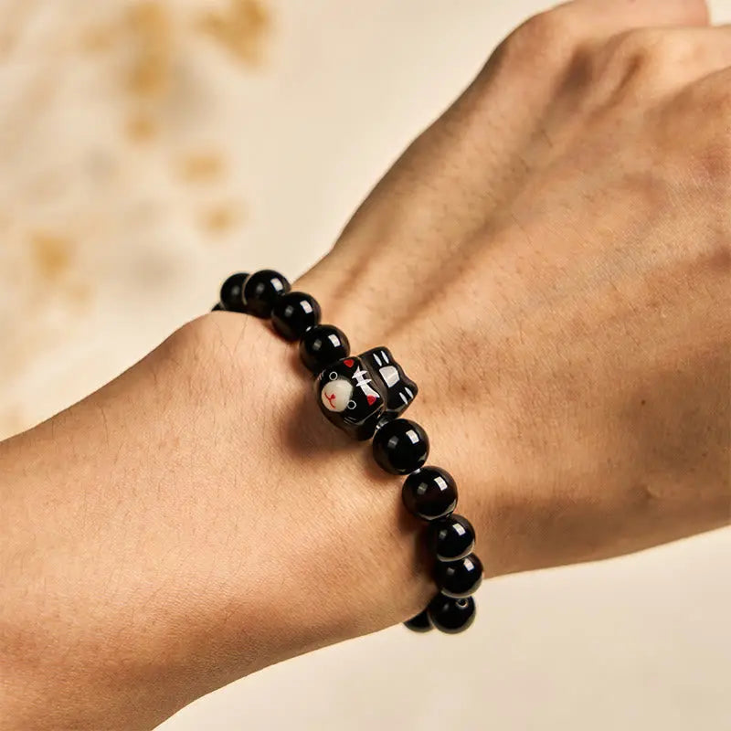 Fortune Jewel Black Cat Natural Black Onyx Ceramic Kitten Support Bracelet Fortune Jewel