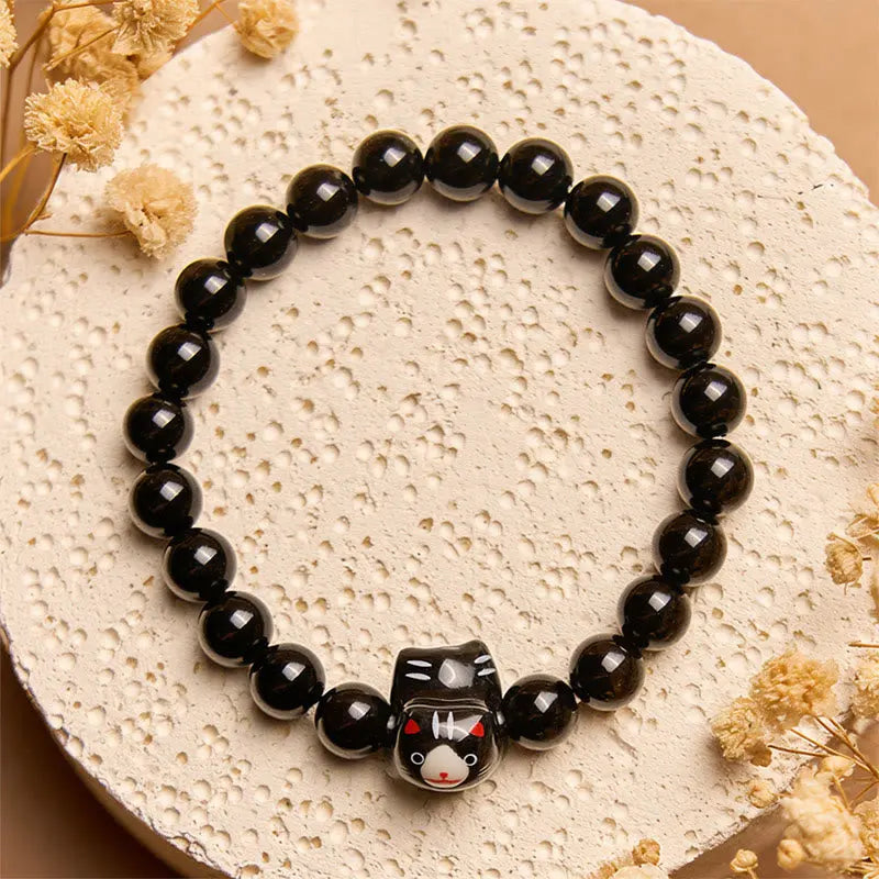 Fortune Jewel Black Cat Natural Black Onyx Ceramic Kitten Support Bracelet Fortune Jewel