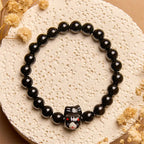 Fortune Jewel Black Cat Natural Black Onyx Ceramic Kitten Support Bracelet Fortune Jewel