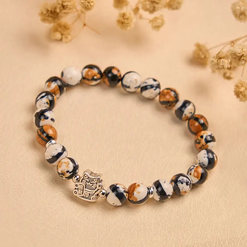 Fortune Jewel 925 Sterling Silver Calico Cat Stone Bead Bracelet Fortune Jewel