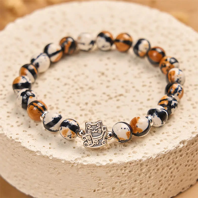 Fortune Jewel 925 Sterling Silver Calico Cat Stone Bead Bracelet Fortune Jewel