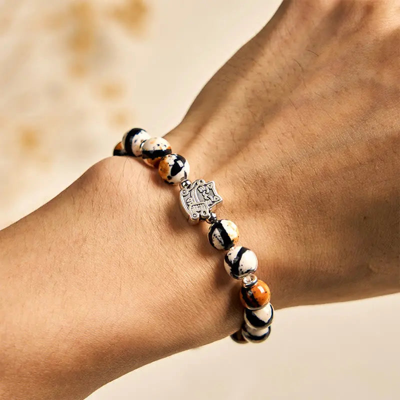 Fortune Jewel 925 Sterling Silver Calico Cat Stone Bead Bracelet Fortune Jewel