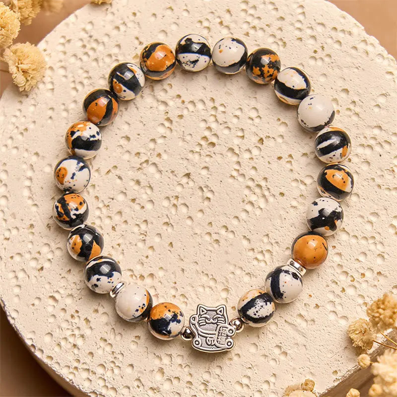Fortune Jewel 925 Sterling Silver Calico Cat Stone Bead Bracelet Fortune Jewel