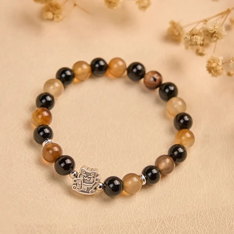 Fortune Jewel 925 Sterling Silver Tortoiseshell Cat Light Brown Striped Agate Black Onyx Bracelet Fortune Jewel