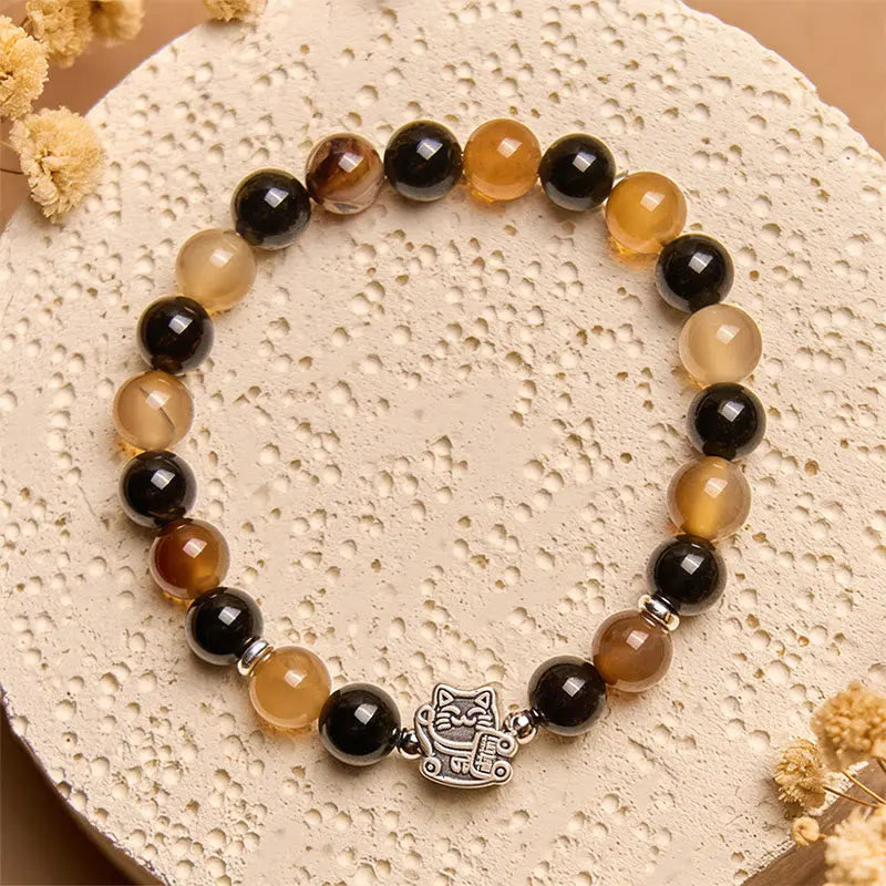 Fortune Jewel 925 Sterling Silver Tortoiseshell Cat Light Brown Striped Agate Black Onyx Bracelet Fortune Jewel