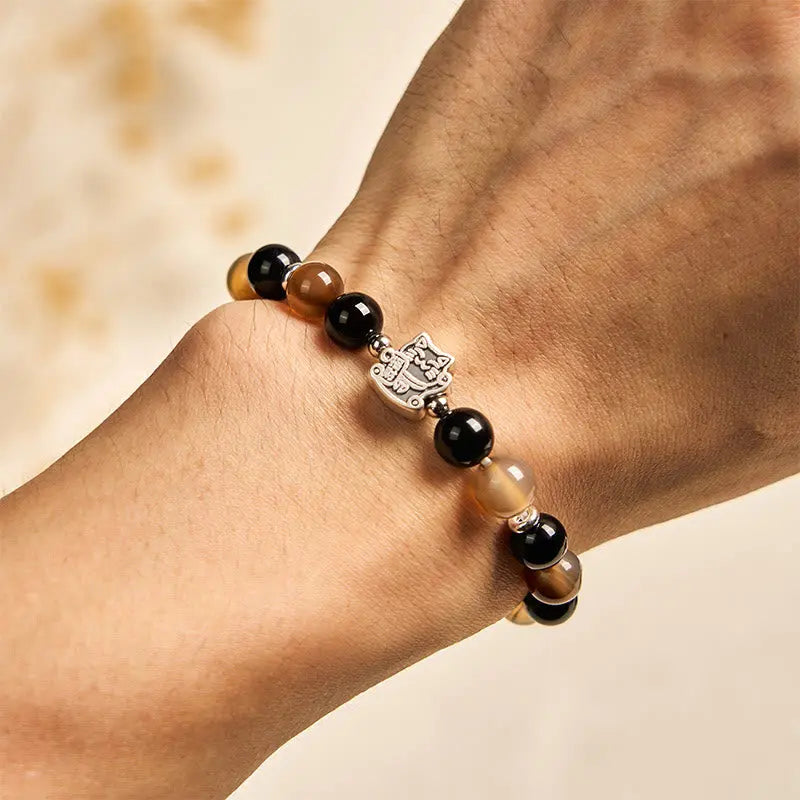 Fortune Jewel 925 Sterling Silver Tortoiseshell Cat Light Brown Striped Agate Black Onyx Bracelet Fortune Jewel