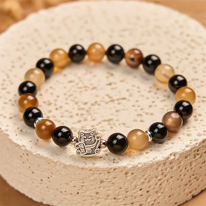 Fortune Jewel 925 Sterling Silver Tortoiseshell Cat Light Brown Striped Agate Black Onyx Bracelet Fortune Jewel