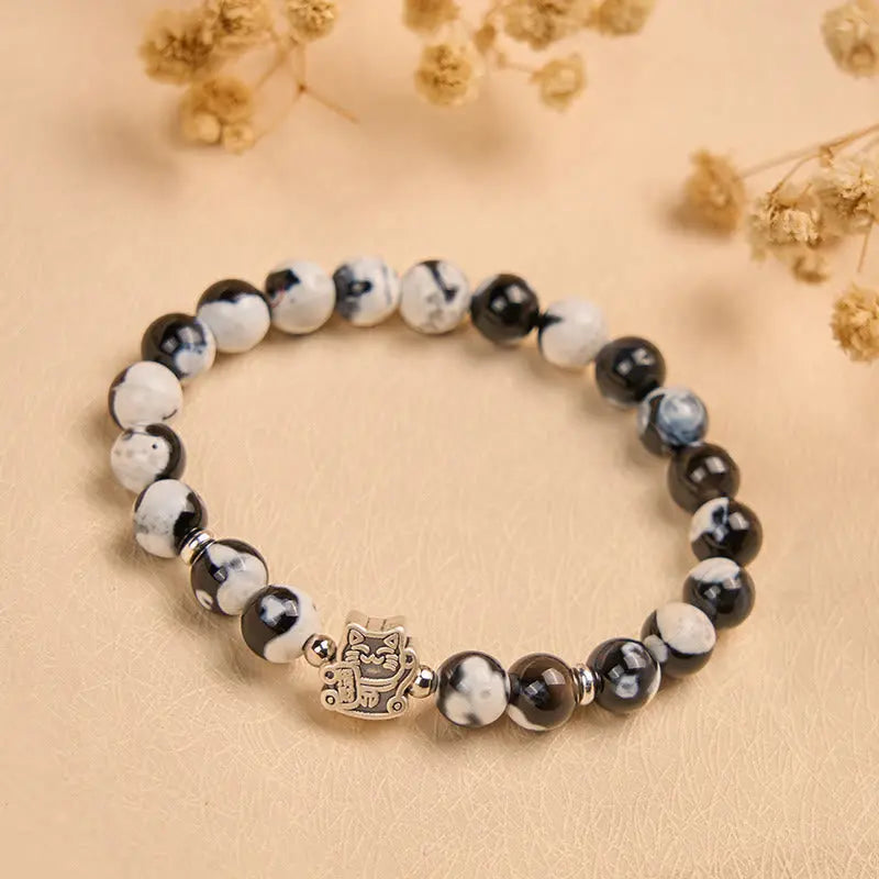 Fortune Jewel 925 Sterling Silver Black and White Cat Fire Agate Bead Love Bracelet Fortune Jewel