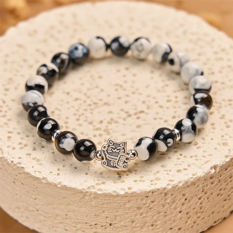 Fortune Jewel 925 Sterling Silver Black and White Cat Fire Agate Bead Love Bracelet Fortune Jewel