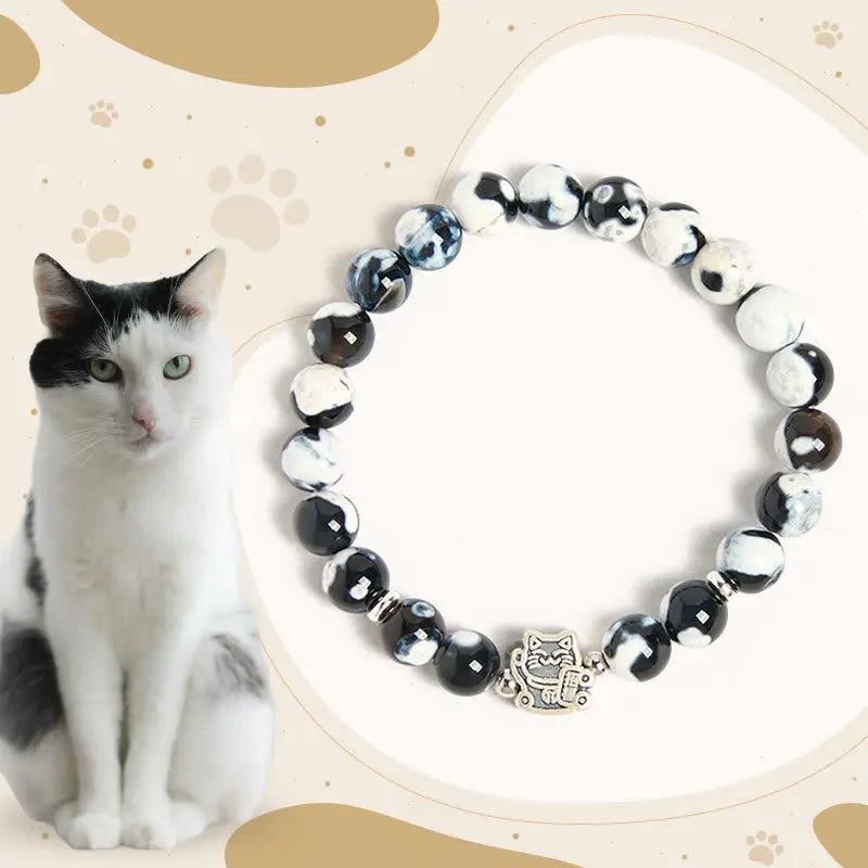 Fortune Jewel 925 Sterling Silver Black and White Cat Fire Agate Bead Love Bracelet Fortune Jewel