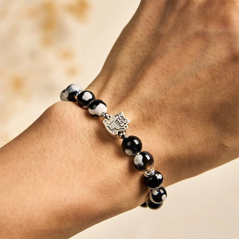 Fortune Jewel 925 Sterling Silver Black and White Cat Fire Agate Bead Love Bracelet Fortune Jewel